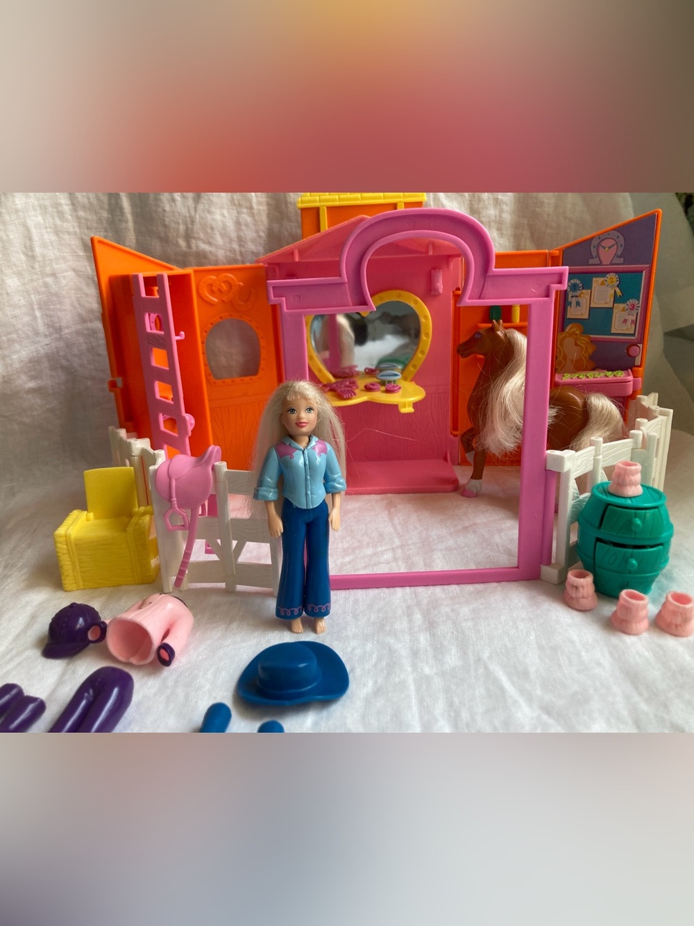 2002 Polly Pocket Ride-in-Style Ranch Playset w/ Polly, Horse, Stable, & Accs